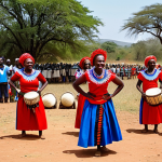 **

A vibrant scene of a Mbakumba harvest festival in rural Zimbabwe. Focus on the dancers in brightly colored, traditional costumes (red, white and blue) performing in a field. A group of musicians are playing traditional drums, mbira, and marimba. Capture the feeling of communal joy and celebration, and the energy of the dance.

**