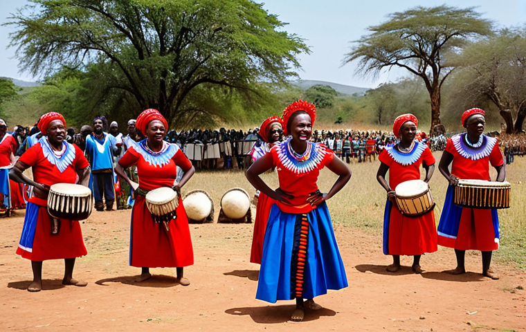 **
A vibrant scene of a Mbakumba harvest festival in rural Zimbabwe. Focus on the dancers in brightly colored, traditional costumes (red, white and blue) performing in a field. A group of musicians are playing traditional drums, mbira, and marimba. Capture the feeling of communal joy and celebration, and the energy of the dance.
**