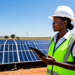 A professional female renewable energy engineer, fully clothed in a modest work uniform, wearing a hard hat and safety vest, standing confidently with a tablet in hand, looking at a large array of solar panels. A vast, sunny Zimbabwean rural landscape with numerous solar panels stretching into the distance. In the background, a small, modern, and sustainably built community building is visible. Clear blue sky. Professional photography, high resolution, natural lighting, perfect anatomy, correct proportions, natural pose, well-formed hands, proper finger count, natural body proportions, safe for work, appropriate content, fully clothed, professional, modest, family-friendly.