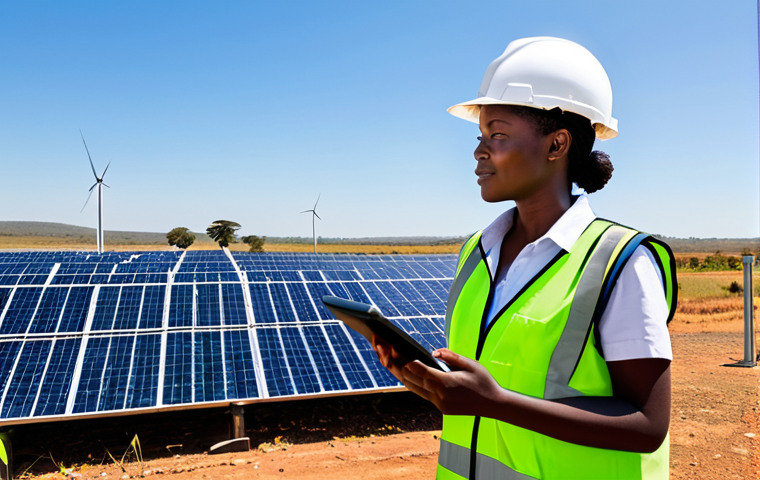 A professional female renewable energy engineer, fully clothed in a modest work uniform, wearing a hard hat and safety vest, standing confidently with a tablet in hand, looking at a large array of solar panels. A vast, sunny Zimbabwean rural landscape with numerous solar panels stretching into the distance. In the background, a small, modern, and sustainably built community building is visible. Clear blue sky. Professional photography, high resolution, natural lighting, perfect anatomy, correct proportions, natural pose, well-formed hands, proper finger count, natural body proportions, safe for work, appropriate content, fully clothed, professional, modest, family-friendly.