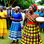 A vibrant scene of a Zimbabwean wedding celebration. A group of adults, including men and women, are joyfully participating in a traditional communal dance. They are dressed in brightly colored, richly patterned, traditional Zimbabwean attire, fully clothed, modest clothing, and appropriate attire. The setting is a lively outdoor area, with traditional musical instruments such as drums and mbira visible in the foreground. The atmosphere is energetic and celebratory. Perfect anatomy, correct proportions, natural poses, well-formed hands, proper finger count, natural body proportions, professional photography, high quality, safe for work, appropriate content, family-friendly.